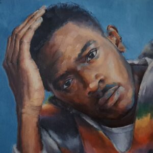 Mario mulato encuadrado con manos 1 - 2024 / Óleo sobre papel tela - 50 x 32,5 cm.