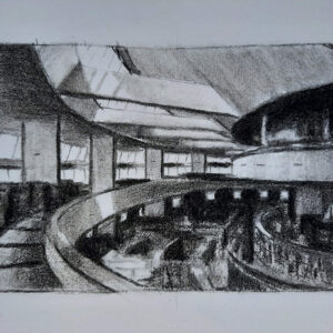 Biblioteca Virgilio Barco, Rogelio Salmona. Bogotá, Colombia. - 2021 / Carboncillo sobre papel - 29,5 x 21 cm.